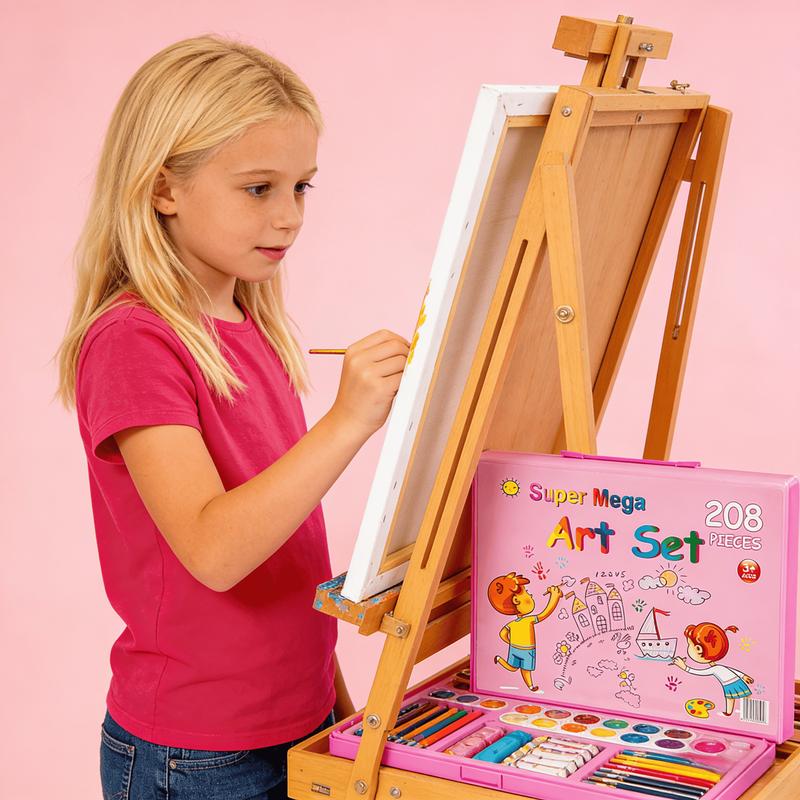 Art Supplies, 208-Piece Drawing Art Kit, Gifts for Kids Girls Boys Teens, Art Set Crafts Case with Double Sided Trifold Easel, Includes Sketch Pads, Crayons, Colored Pencils (Pink)