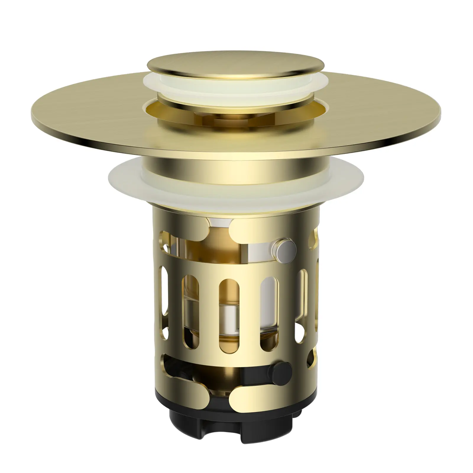 Hibbent Upgraded 3-in-1 Bathroom Sink Strainer - Universal Popup Drain Stopper, Removable Stainless Steel Mesh Basket Cover, Brass Core Brushed Gold Hair Catcher Plug, Fits 1.1"-2.36" Basins, Drain Bathroom Fixture Accessories for Shower Jets System
