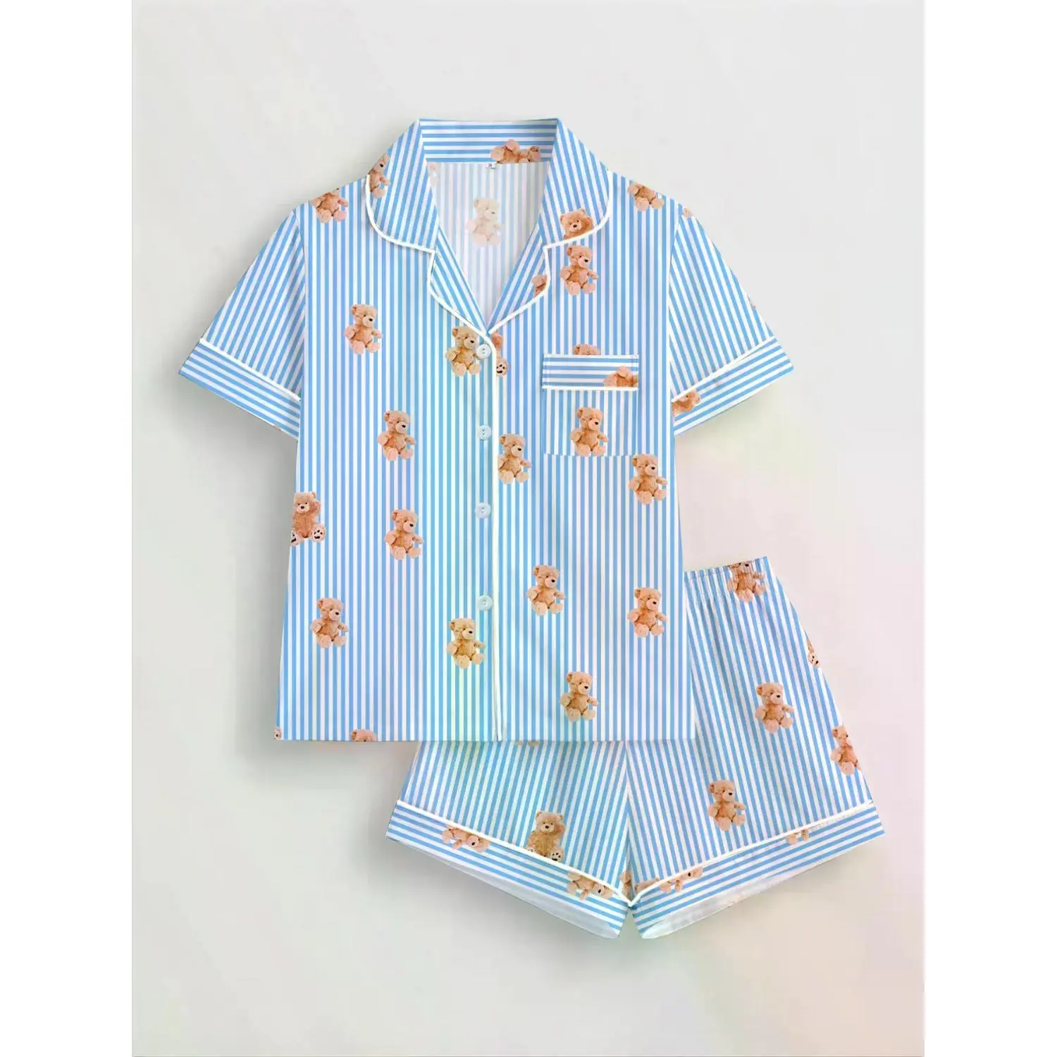 Women's Summer Pajama Set - Cute Teddy Bear Print, Soft Breathable Loungewear for Cozy Nights