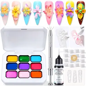 SAVILAND 3D Patting Gel Nail Kit: 9 Colors Pat Gel Polish Palette, No-Wipe Blooming Gel Set for 3D Nail Sculpting with Flower Shape Silicone Mold & Ombre Sponges for Aura Nail Art DIY