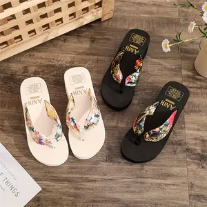 Women's Bohemian Satin Wedge Flip-Flops | 5cm Thick Sole Beach Slippers, Ethnic Floral Strap Casual Platform Sandals for Summer Travel & Outdoor