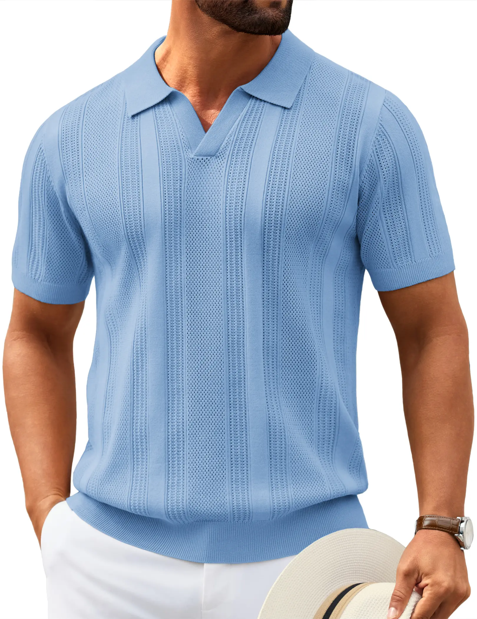 COOFANDY Mens Knit Polo Shirts V Neck Textured Polo Shirts Short Sleeve Breathable Polo Casual Collared T Shirt Fashion Tops