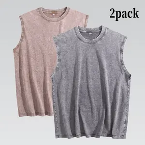 2PACK 210G Men's Tank Tops Sleeveless Muscle Shirts, Cotton Acid Wash Loose Fit Workout Tanks Tees for Running Beach
