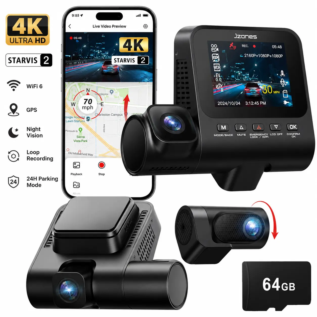 Ultra HD 4K 3-Channel Car Dash Cam with Front, Rear & Inside Cameras, STARVIS 2 Sensor, WiFi 6, Night Vision, Parking Mode, 64GB MicroSD Card