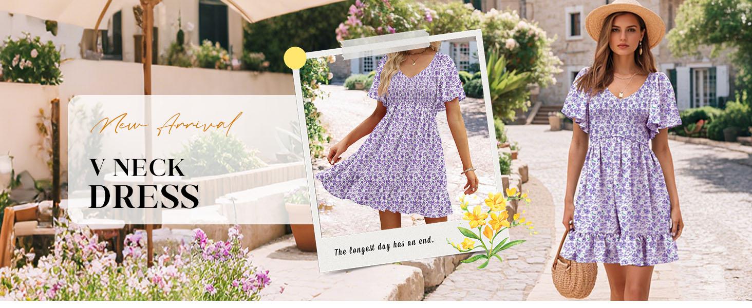 Genleck Women's Summer Floral Print Mini Dress - V Neck Flutter Sleeve Boho Sundress with Pockets for Vacation & Party