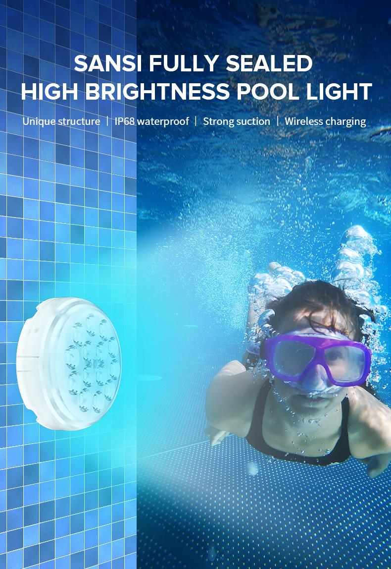 SANSI Upgraded Wireless Rechargeable Pool Lights ，Submersible RBG LED Pond Lights ，Fully sealed， Color Changing Underwater Spotlight with Magnetic and Suction Cup Mounts， for Pool and Landscape Lighting Decorative Waterproof Outdoor