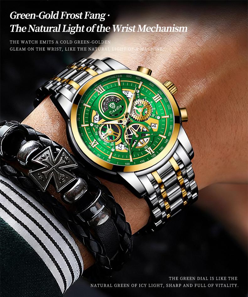 The  men's business fashion watch features an analog quartz movement with a Swiss original core, offering chronograph functionality, luminous display capabilities, and water resistance. Suitable for parties and everyday wear, it also makes an idea