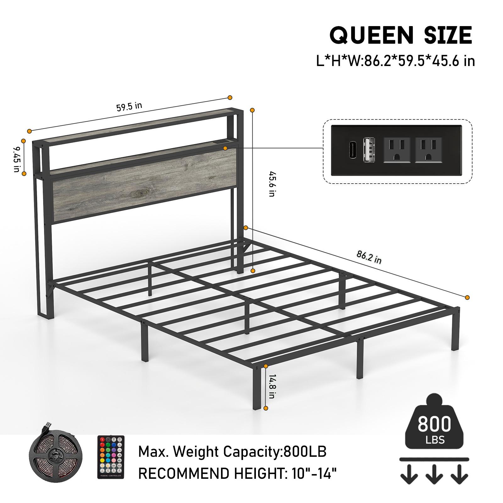 Queen Size Bed Frame with RGB LED Headboard, USB/Type-C Charging Station & Storage Shelves, Rustic Grey Metal Platform Bed, Noise-Free Easy Assembly, No Box Spring Needed (Mattress not included) Queen Size Bed Frame with RGB LED Headboard, USB/Type-C Charging Station & Storage Shelves, Rustic Grey Metal Platform Bed, Noise-Free Easy Assembly, No Box Spring Needed (Mattress not included)