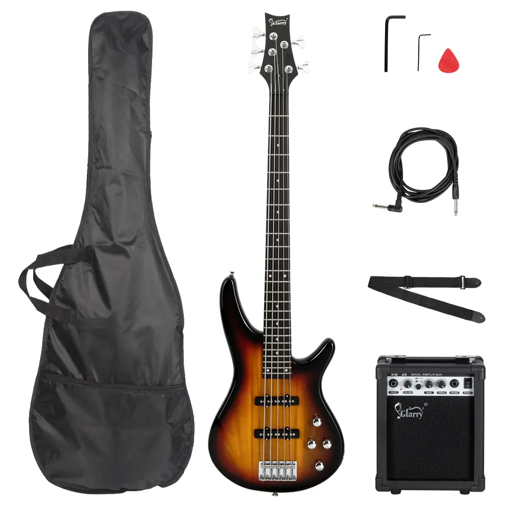 Glarry 5-String Electric Bass Guitar - Basswood Body, SS Pickups, Silent Jack, Rosewood Components, Spanner Tool, 20W Complete Amplifier Kit, Sunset Color Jazz-Sound Instrument for Teens, Adults (Festivals, Birthdays Gift)