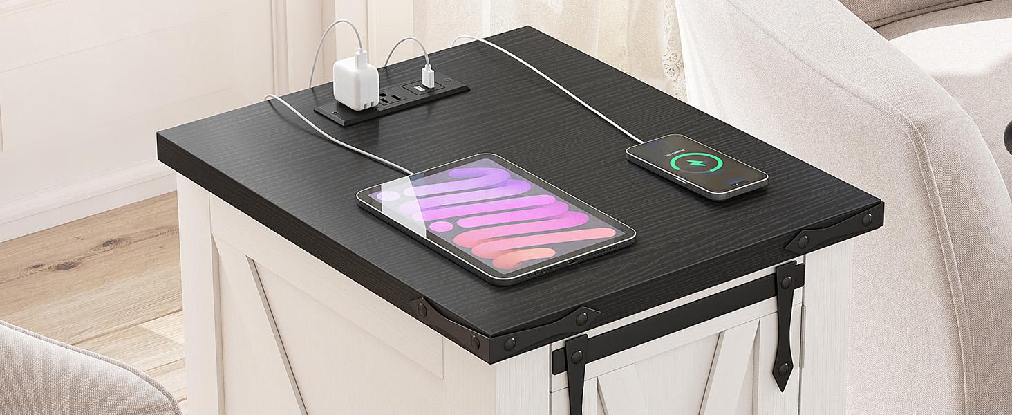 Nightstand with Charging Station,Farmhouse 25" End Tables with Barn Door Large Wood Sofa Side Table with Adjustable Storage Shelf for Bedroom,Drawing Room,Hallway,Antique White