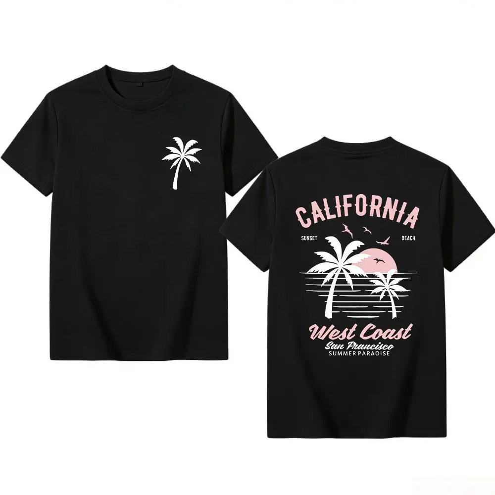 Men's Unisex Washed Soft Cotton Casual Shirt - 250g Medium Length Vintage Surf Beach Tee, Palm Trees Retro Print, Loose Fit Summer California Graphic Tee, Machine Washable
