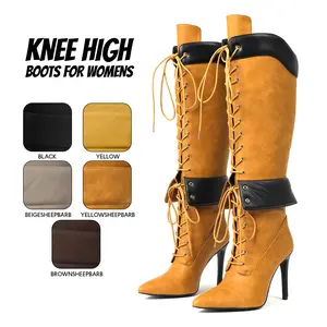 Womens Knee High Boots Pointed Toe Stiletto High Heel Lace Up Wide Calf Easy Pull On Events Festival Casual Party Gift Boot