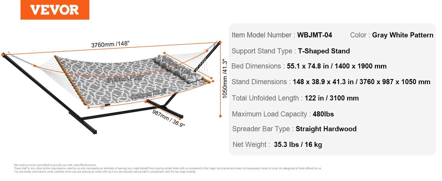 VEVOR Two Person Hammock with Stand Included Heavy Duty 480lb Capacity, Double Hammock with 12 FT Steel Stand and Portable Carrying Bag and Pillow, Freestanding Hammock for Outdoor Patio Yard Beach