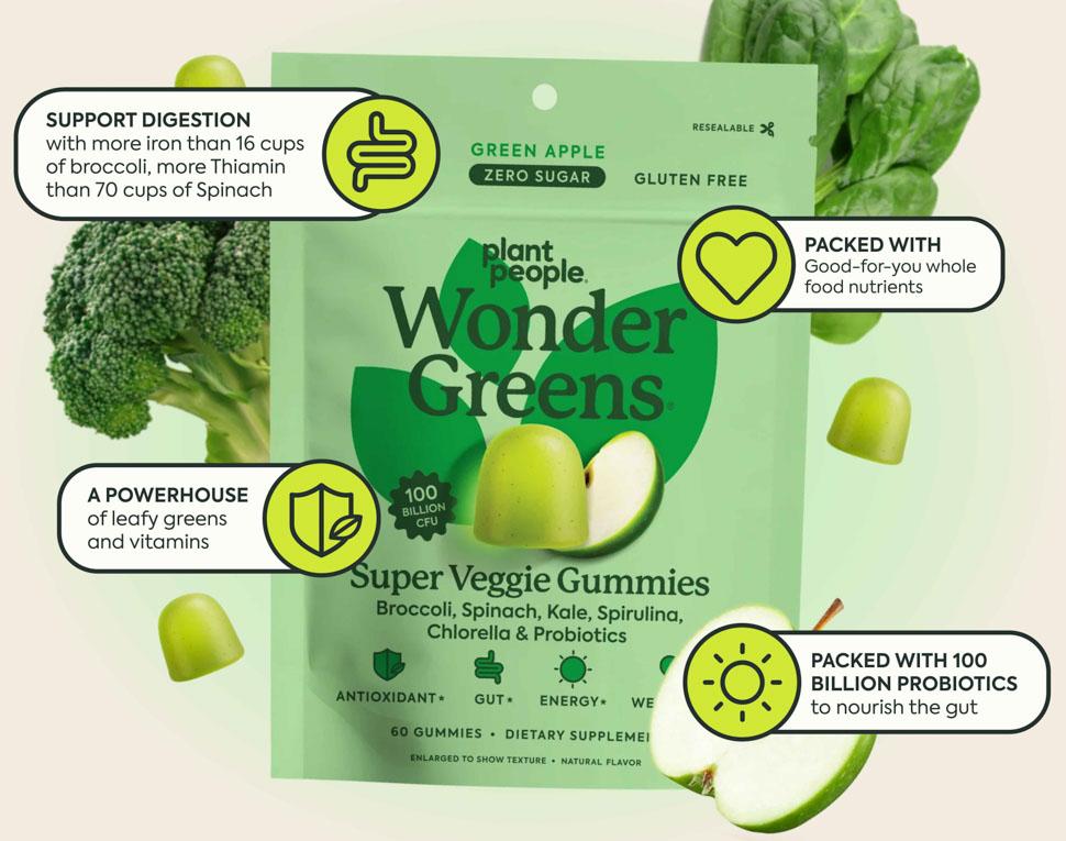 WonderGreens Veggie Gummies by Plant People - Zero Sugar, Super Greens and Probiotic Gummy Supplement - Improve Gut Health and Immunity