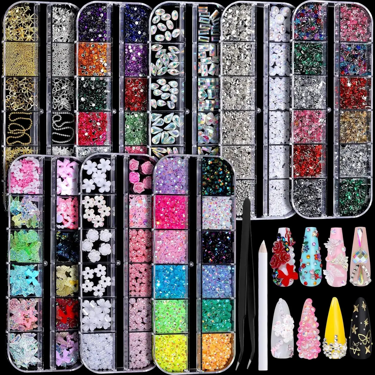 Nail Charms, Nail Rhinestones Kit with 8 Boxes of Nail Gems, 3D Charms for Nails, Colorful Clear Flatback Rhinestones, Charms Y2K for Nails, AB coating creates dazzling rainbow,Multi Shape Pearls Jewels for Crafts