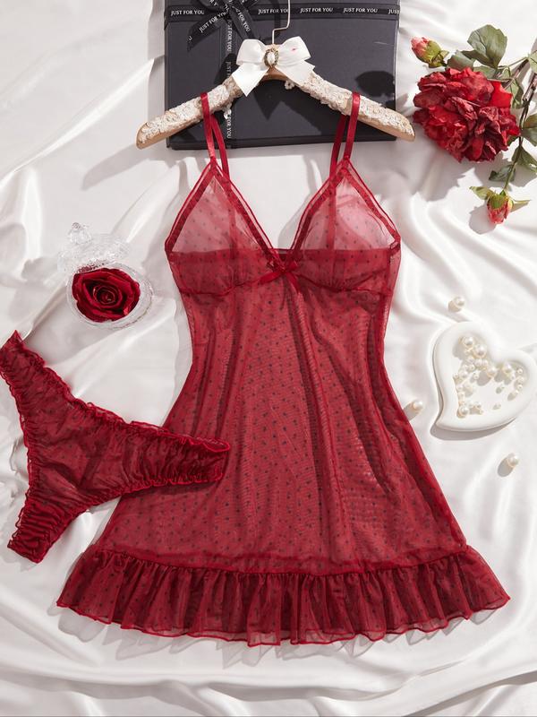 Women's Elegant Polka Dot Sleepwear Set, Lightweight Knit Fabric, Soft Touch, Half-Transparent Effect, Classic Bow, All Seasons Women's Elegant Polka Dot Sleepwear Set, Lightweight Knit Fabric, Soft Touch, Half-Transparent Effect, Classic Bow, All Seasons