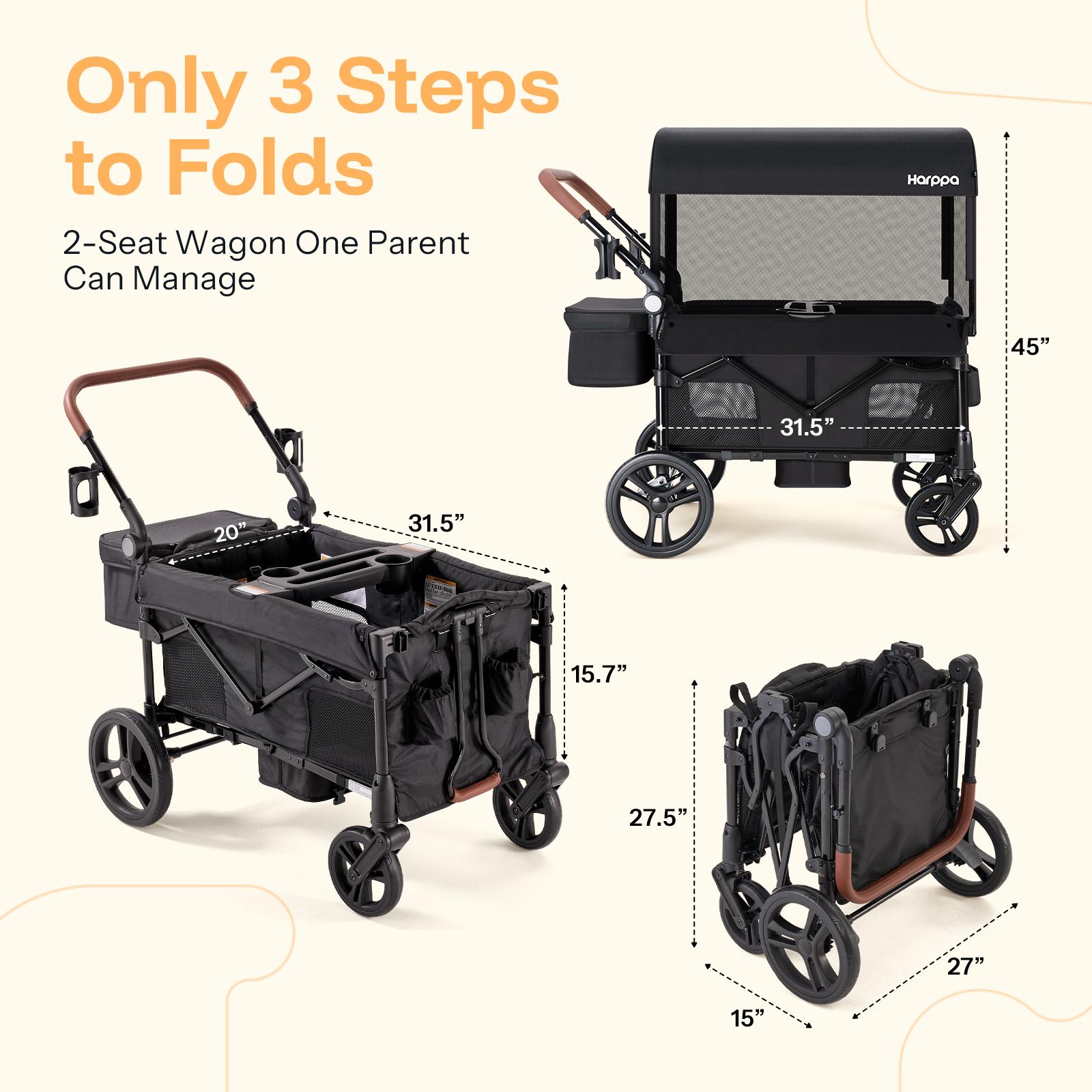 HARPPA Baby Stroller Wagon All-Terrain Wagon Stroller for 2 with Canopy, Strollers for Babies, Foldable 4-Seat, Wagon for Outdoor & Beach, Adjustable Push & Pull Handle, Footwell & Large Storage, Park & Camping Adventures, Travel System