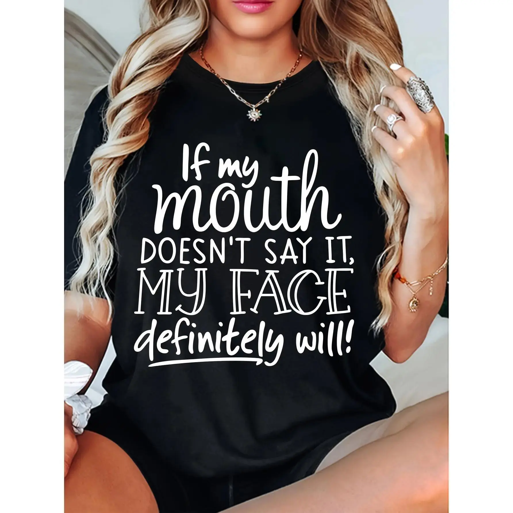 T-Shirt with Bold "If My Mouth Doesn't Say It My Face Definitely Will" Slogan Print, Round Neck Short Sleeve Top for Casual Attire, Father's Day & Mother's Day Gift