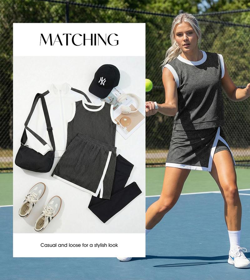 EVALESS Women's 2-Piece Sets Casual Crewneck Ribbed Sleeveless Knit Top & Split Lined Skirt Two Pieces Soft Matching Set Basic Summer Outfits 2026 WOmenswear Springtok