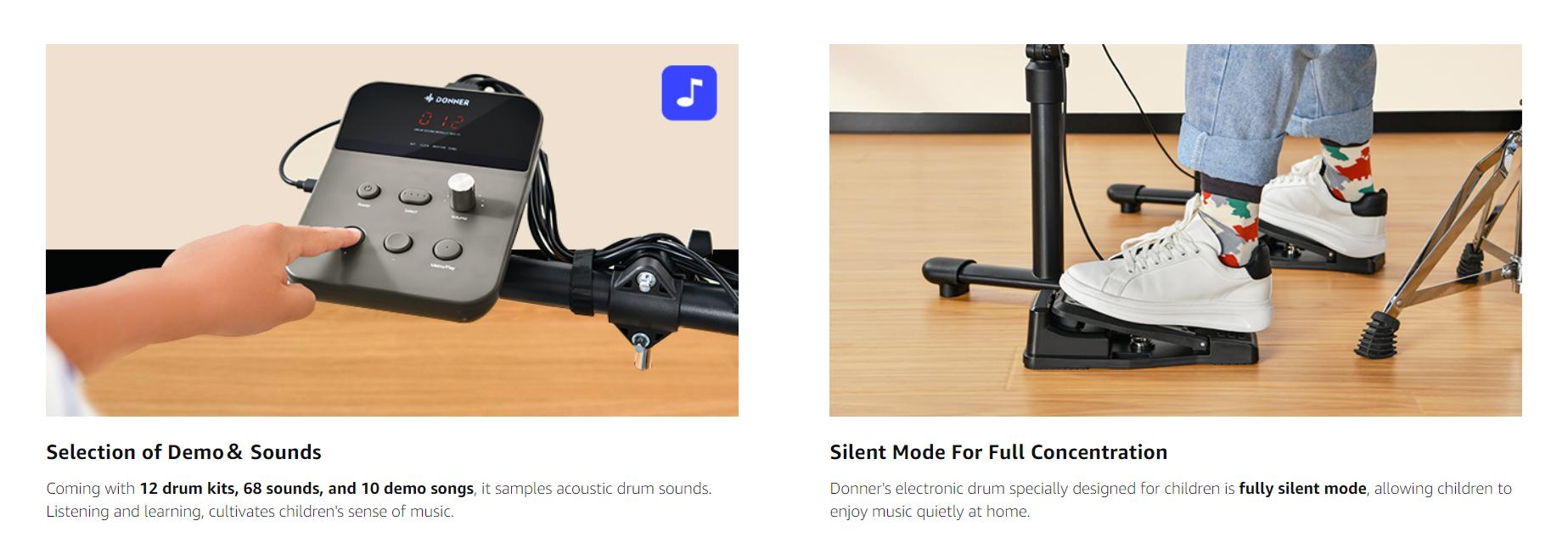 Donner DED-70 Electric Drum Set, Electric Drums with 4 Quiet Mesh Drum Pads, 2 Switch Pedal, Portable and Solid Drum Set with Type-C Charging, 68+ Sounds, Throne, Headphones, Sticks, Melodics Lessons