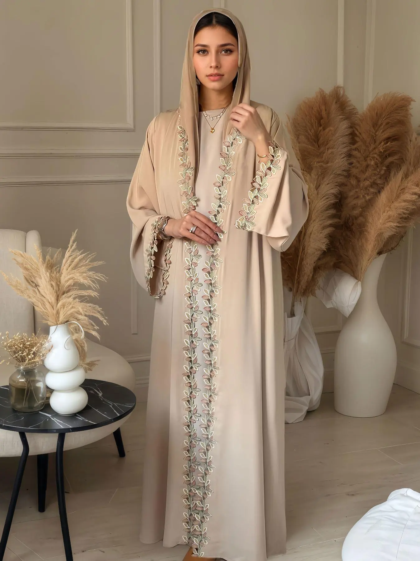 Women's Leaf Embroidery Abaya, Modesty Traditional Loose Fit Abaya, Elegant Long Sleeve Open Front Abaya for Women, Ladies Islamic Clothing for Daily Wear, Islamic Modesty Clothes
