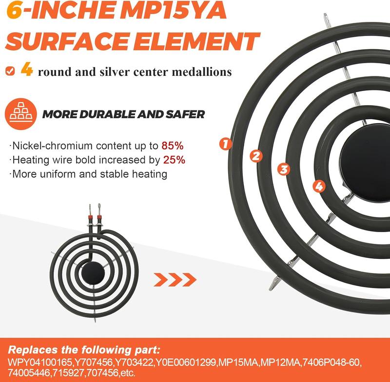 Beaquicy MP31YA Electric Range Burner Element - Replacement for Ken-more Whirlpool Range Stove - Package Include 3 pcs MP15YA 6" and 1 pcs MP21YA 8"