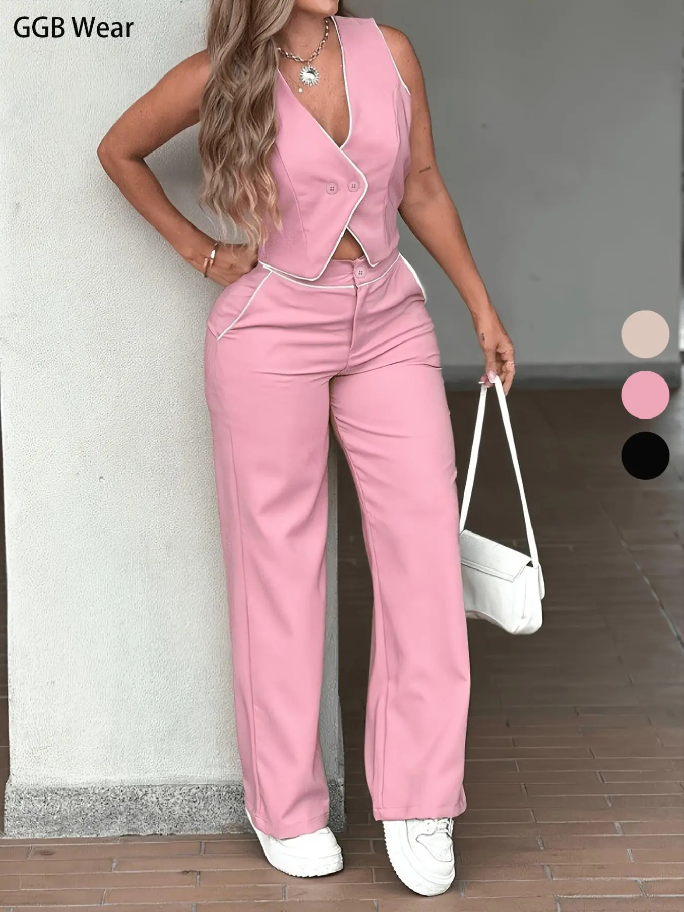 Women's Fashionable Spring Summer Two-Button Vest & High-Waisted Wide-Leg Pants Set, Womenswear