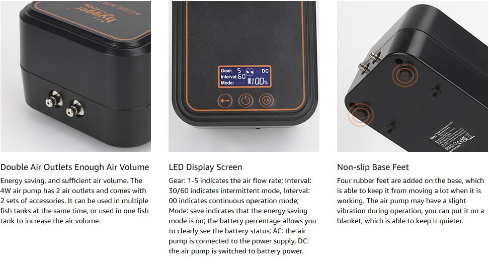 hygger Aquarium Bubble Tube Aquarium Air Pump, Rechargeable Portable Oxygen Pump with Single/Dual Outlets, Ultra Quiet Battery Powered Air Bubbler for Fish Tank up to 200 Gallon