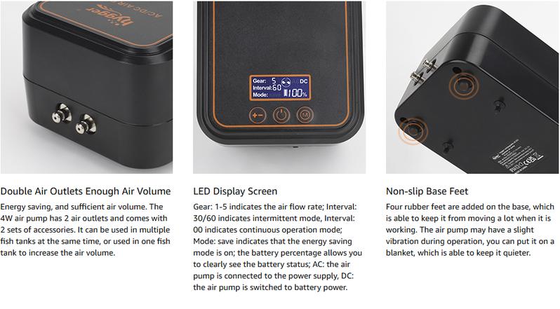 hygger Aquarium Bubble Tube Aquarium Air Pump, Rechargeable Portable Oxygen Pump with Single/Dual Outlets, Ultra Quiet Battery Powered Air Bubbler for Fish Tank up to 200 Gallon