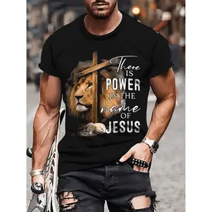 Lion Print T Shirt For Men Stylish Short Sleeve Crew Neck Casual Tee Outdoor Wear In Black