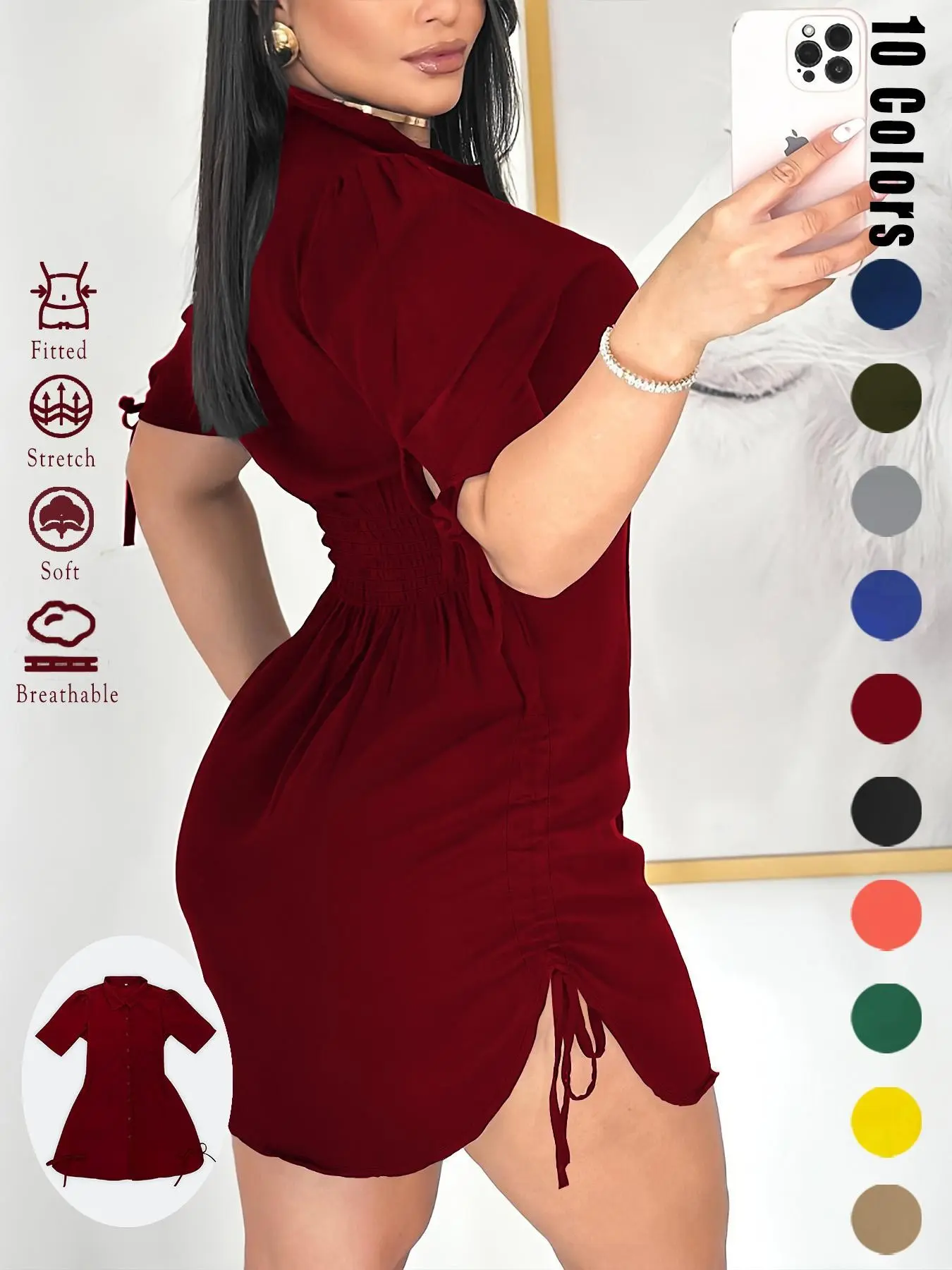 Women's Button Front Mini Dress, Fit, Lightweight Versatility, Casual Wear, Split Hem Design, Adjustable Waist Tie, Ideal for Spring Summer Autumn, Womenswear