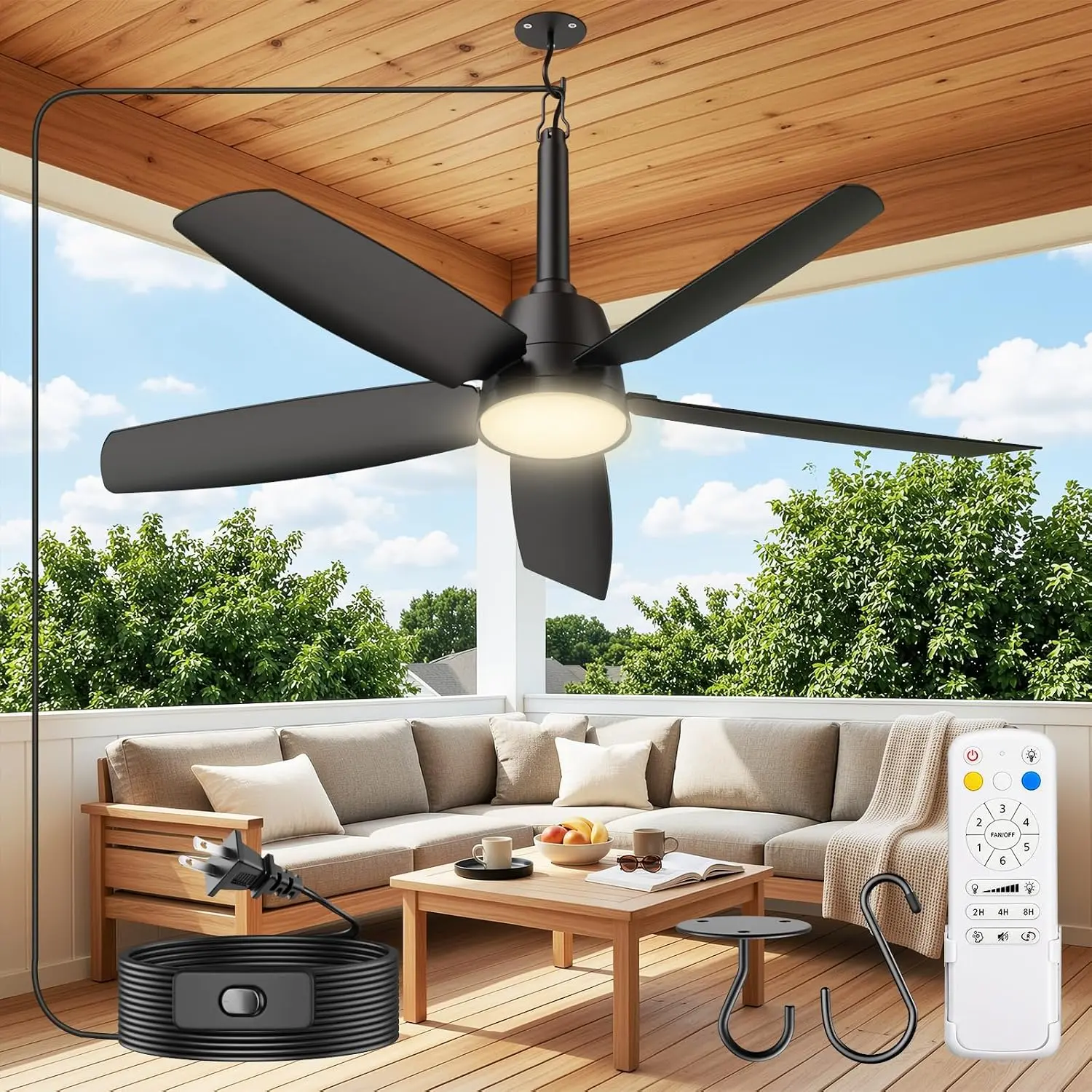 36 In Modern Plug-in Ceiling Fan with Round Blades, Dimmable LEDs, Remote Control, 6 Speeds, Reversible DC Motor, IP65 Waterproof Black Fan for Patios, Decks (Indoor-Outdoor Use for Outdoor Users), Ceiling Fan With Light, Abs+Pc