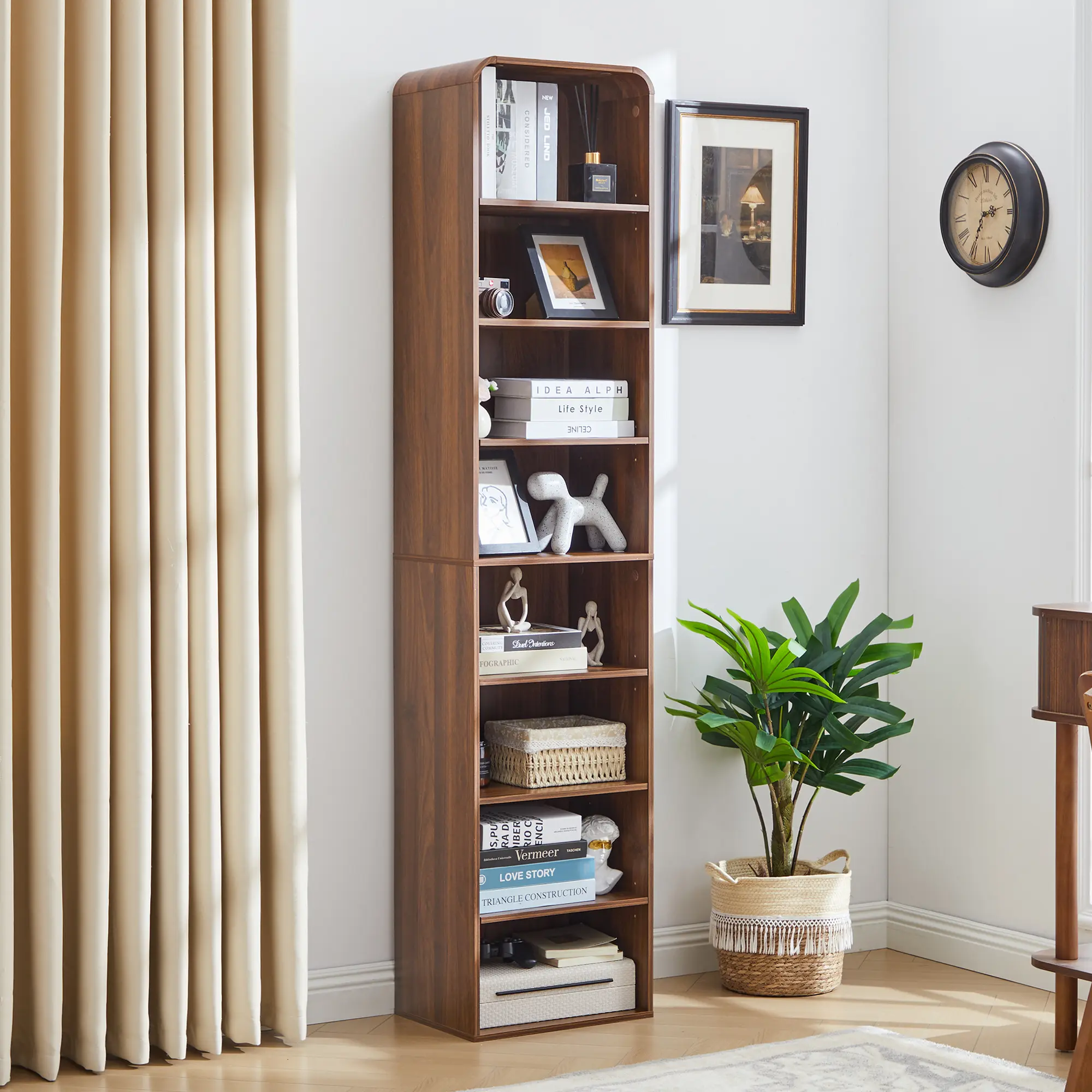 FurSch Tall Slim Arched Bookshelf, Narrow 8-Tier Open Bookcase for Small Spaces, Freestanding Curved Display Shelf for Living Room, Entryway & Bathroom