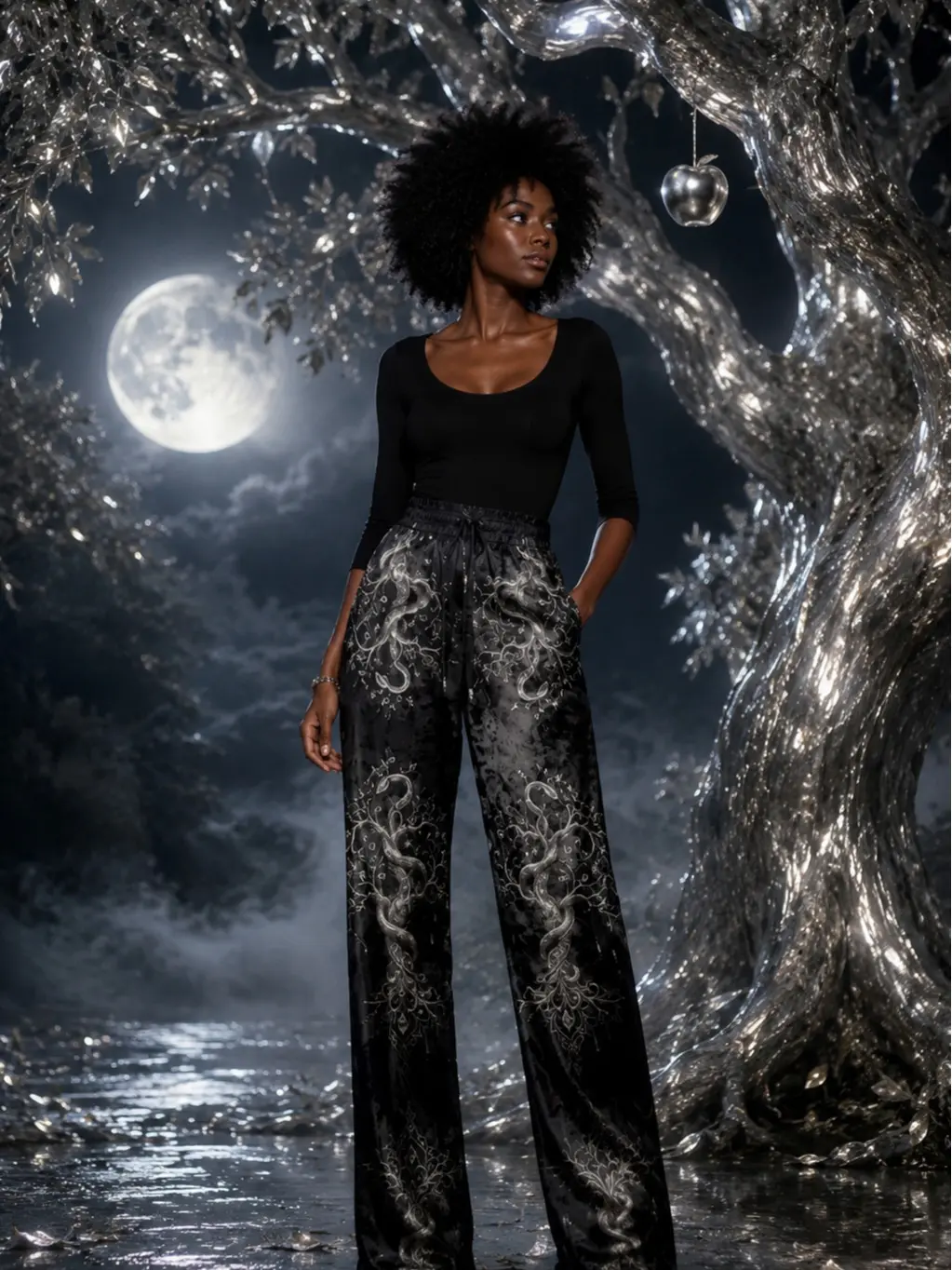 Women's Moonlit Orchard Printed Wide-Leg Pants, Soft Crushed Velour Casual Trousers with a Drawstring