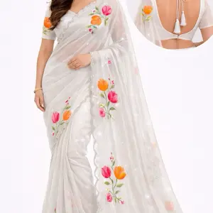 Organza Boutique Embroidery Saree with Fully Stitched Blouses in Vibrant Aqua Blue Featuring Floral Motifs Womenswear Clothes Elegant Embroidered