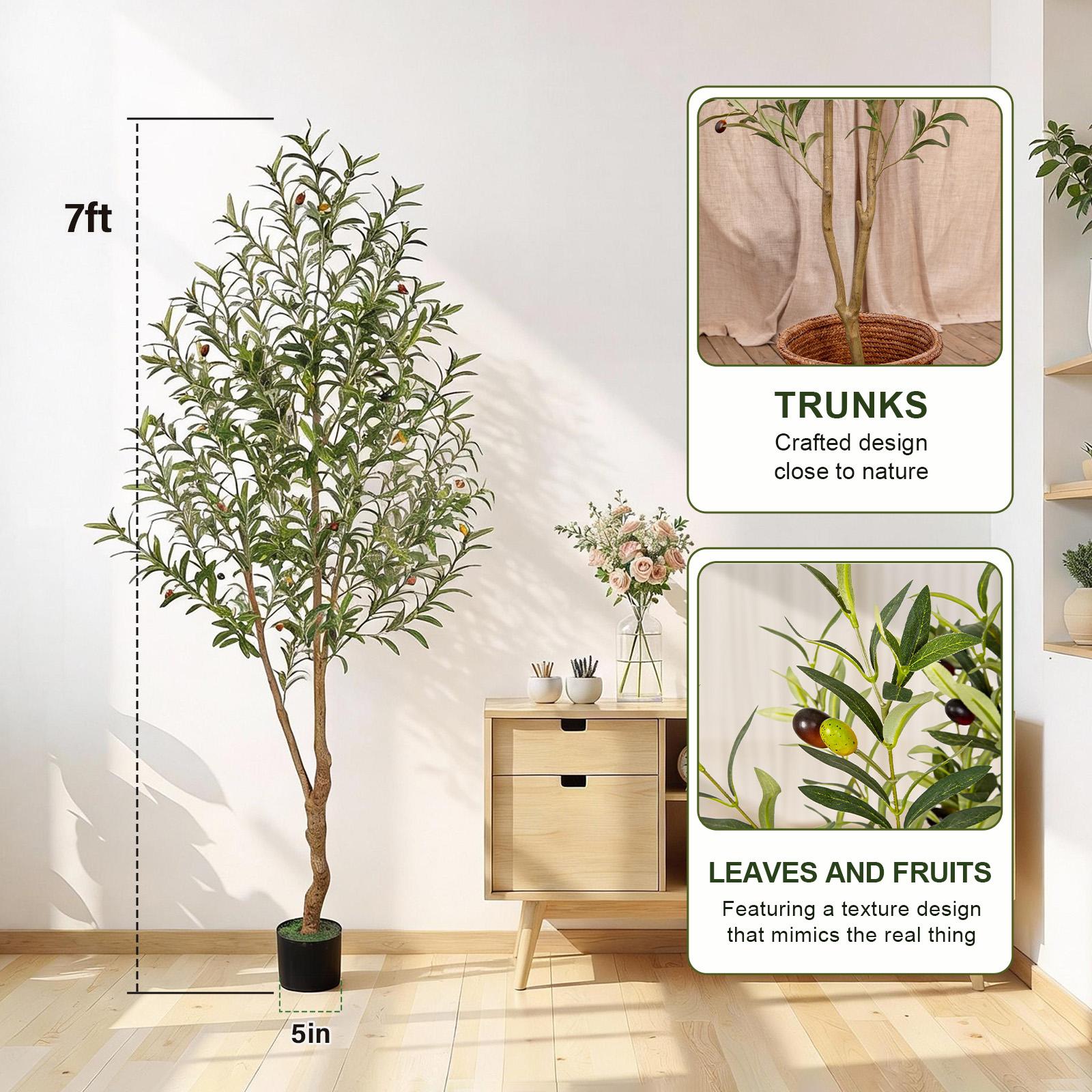 Includes Black Plastic Planter ！！！— 6ft / 7ft / 8ft Indoor Artificial Olive Tree  84-Inch Lifelike Faux Olive Tree with Fruit  Potted Artificial Tree for Home and Office Decor.