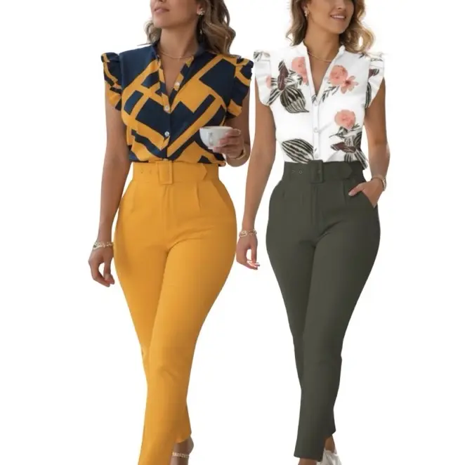 Elegant Short Sleeve Shirt Pants Set Office Lady Fashion V Neck Floral Print Ruffles Trousers Two Piece Set Women Outfit hermoso conjunto primavera