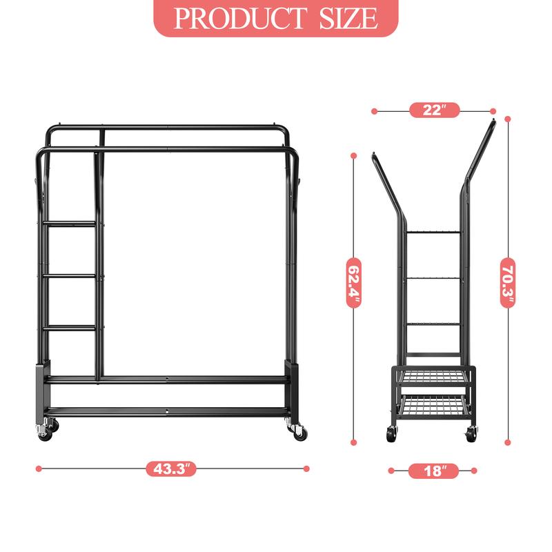 Raybee Clothing Rack with Shelves &Double Hanging Rods, Portable Clothes Rack with Wheels Rolling Garment Rack,  HangingClothing racks Holds Up to 245LBS, Metal Closet Rack, Clothes Organizer Solutions 43.3"Wx22"Dx70.3"H