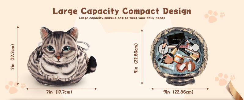 Cosmetic Bag Drawstring Travel Organizer, Cosmetic Pouch - Cat Gift, Lay Flat Makeup Bag Gifts for Cat Lovers