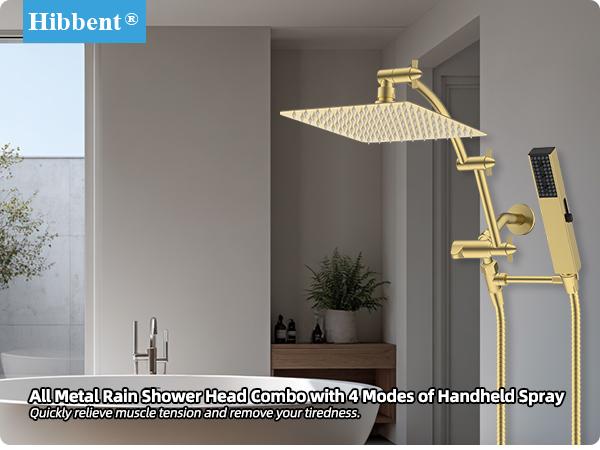 Hibbent All Metal 10'' Rainfall Shower Head, Shower Head Combo, High Pressure Handheld Shower Wand, 4 Sprays, 16'' Adjustable Arc-shaped Extension Arm, 71'' Hose, Showerhead Holder, Brushed Gold