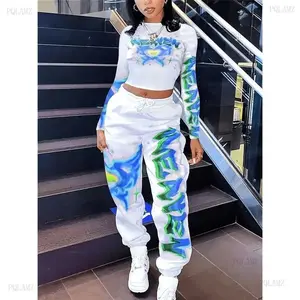 2025[Two-Piece Heart Print Long Sleeve] Women's Heart & Letter Print Long Sleeve Top And Jogger Pants Two-Piece Set, Casual Style