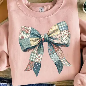 Vintage Patchwork Bow Sweatshirt, Coquette Floral Quilt Apparel, Hand Painted Style Bow Sweater, Spring Cottagecore, Trendy Outfits, Comfortable