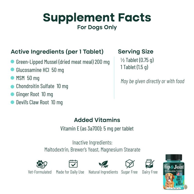 Natureflow Hip & Joint Supplement for Dogs Green-Lipped Mussel Glucosamine Mobility Support Zero Sugar Chewable Tablets MSM Chondroitin Ginger Devil’s Claw Made in USA