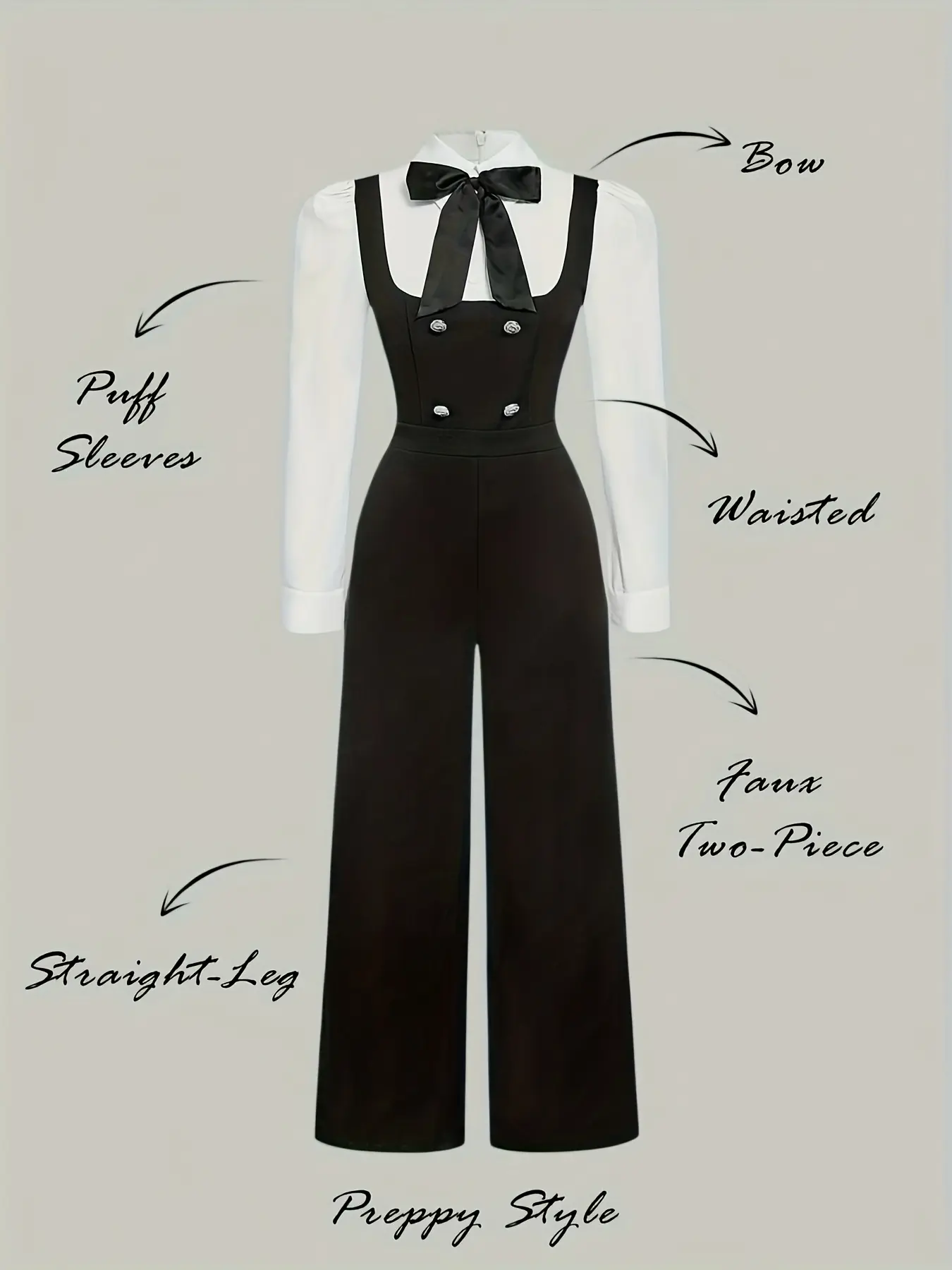 Women's Elegant Chic Bowknot Detail 2-in-1 Jumpsuit, Preppy Style Back Zipper Faux Button Accents Jumpsuit for Fall
