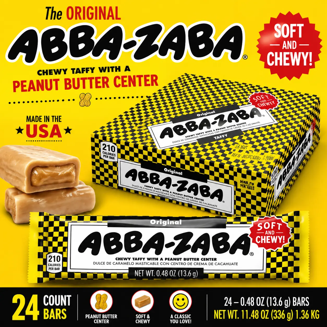 Abba-Zaba Peanut Butter Taffy Candy 24 Count  Classic Chewy Peanut Butter Candy Bars | Individually Wrapped Retro Treats