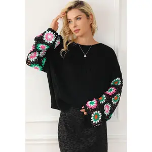 Black Floral Crochet Bell Sleeve Loose Sweater Black Floral Crochet Bell Sleeve Loose Sweater