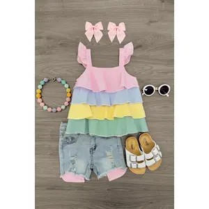 Striped Pastel Ruffle Denim Short Set