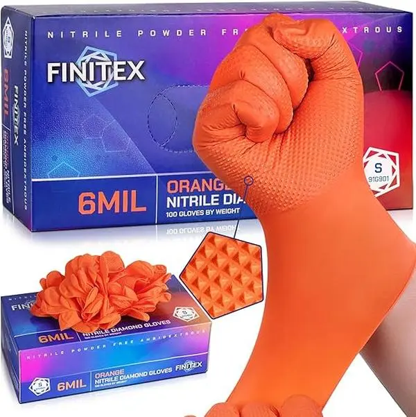 FINITEX Industrial Diamond Texture Nitrile Orange Glove - 100PCS Chemical Resistant 6.3mil Mechanic Disposable Gloves