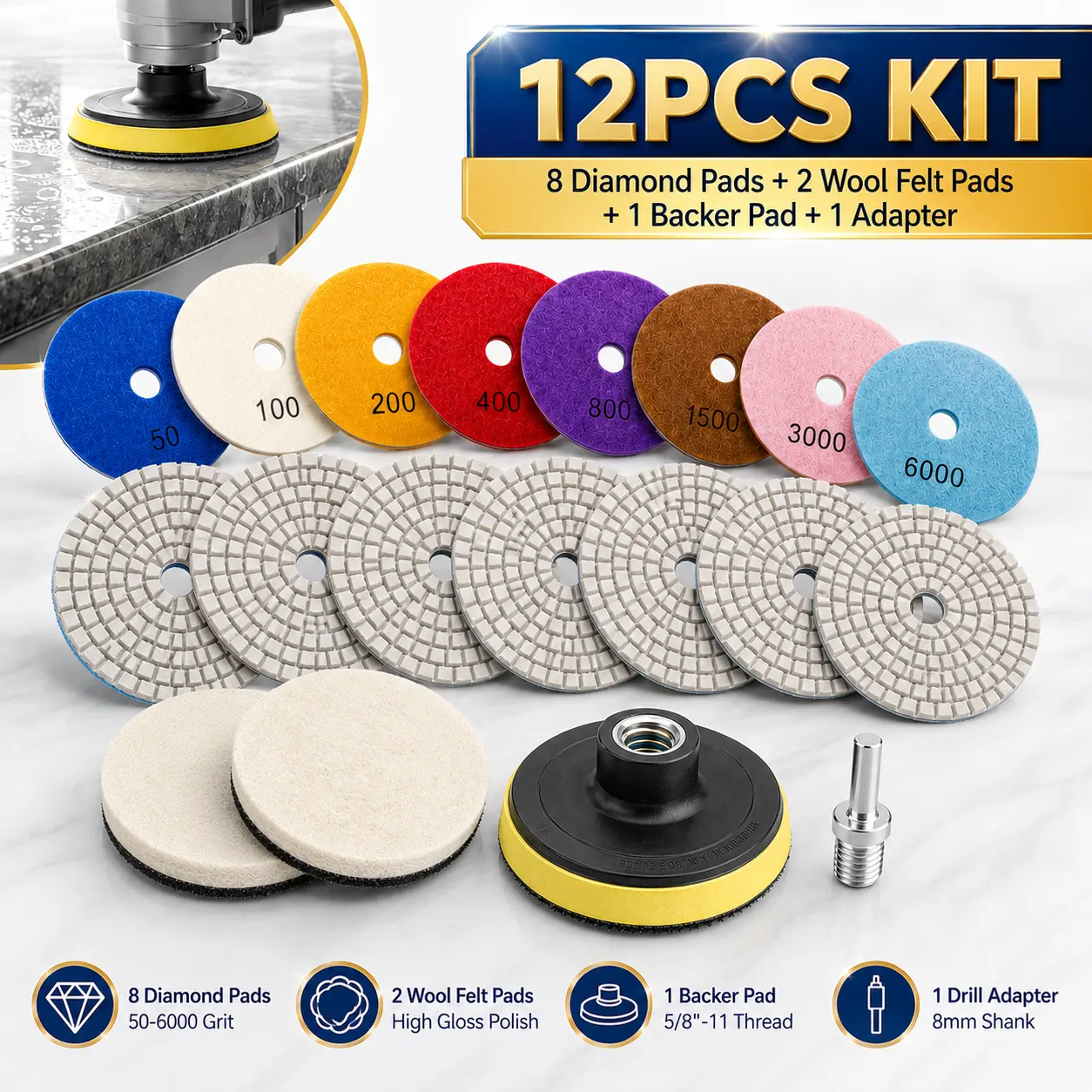 4 Inch Diamond Polishing Pads with 5/8’’-11 Backer Pad, 12PCS Wet/Dry Polishing Pad for Concrete Marble Stone Abrasive Discs