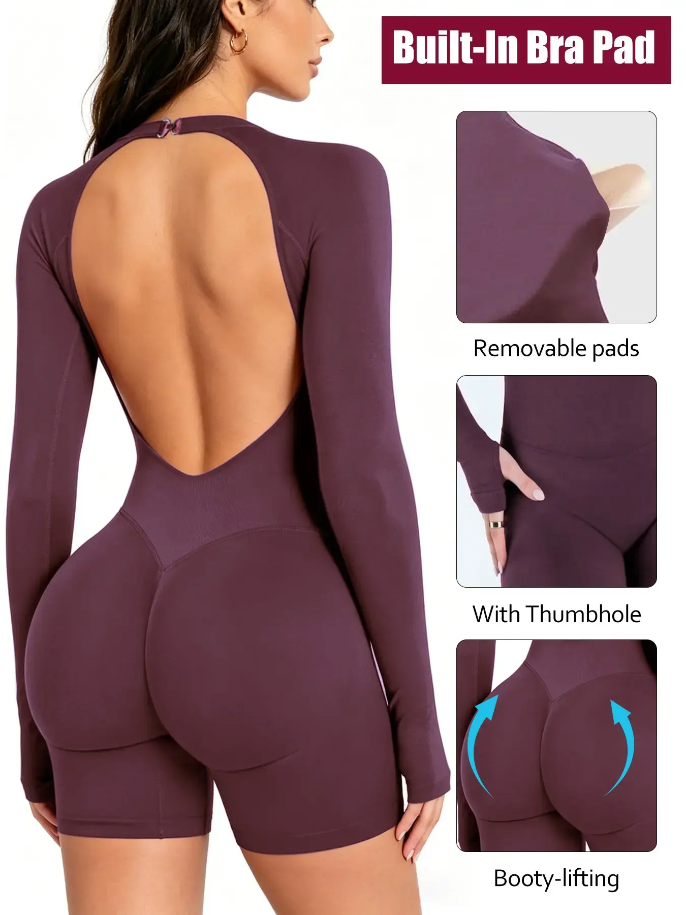 Jetjoy Seamless Long Sleeve Backless Romper, Tummy Control One Piece Jumpsuit for Women - Perfect for Workout, Yoga, Gym, and Everyday Wear with Compression